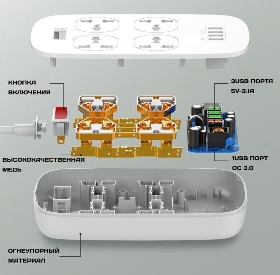 Многофункциональный сетевой фильтр LP4407Q 4 розетки + 4USB порта QC30 2000mm