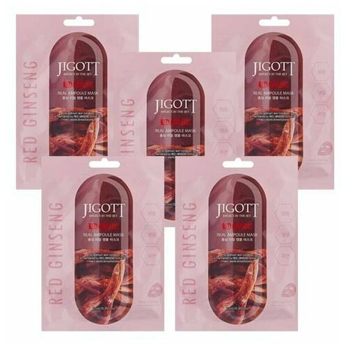 Тканевая ампульная маска с экстрактом красного женьшеня Jigott Red Jinseng Real Ampoule Mask, 27 мл • 5 штук