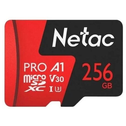 Карта памяти Netac microSDXC 256 ГБ Class 10, V30, A1, UHS-I U3, R 100 МБ/с, 1 шт., черный/красный карта памяти 32gb netac p500 extreme pro microsdhc class 10 a1 v10 nt02p500pro 032g s