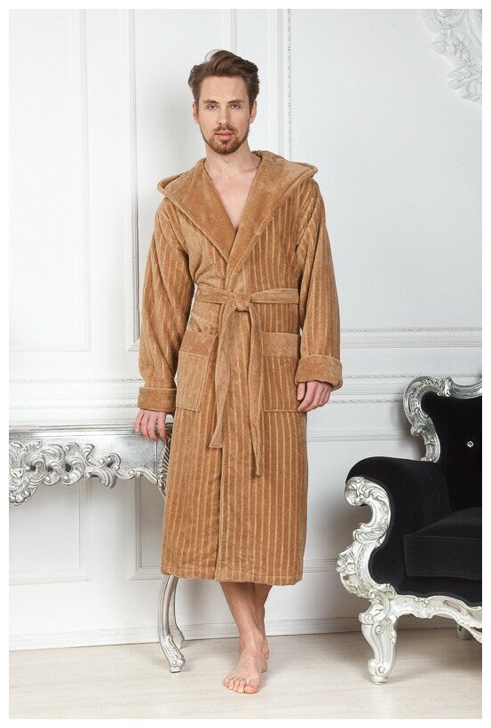 Кофейный бамбуковый мужской халат с капюшоном - фотография № 3