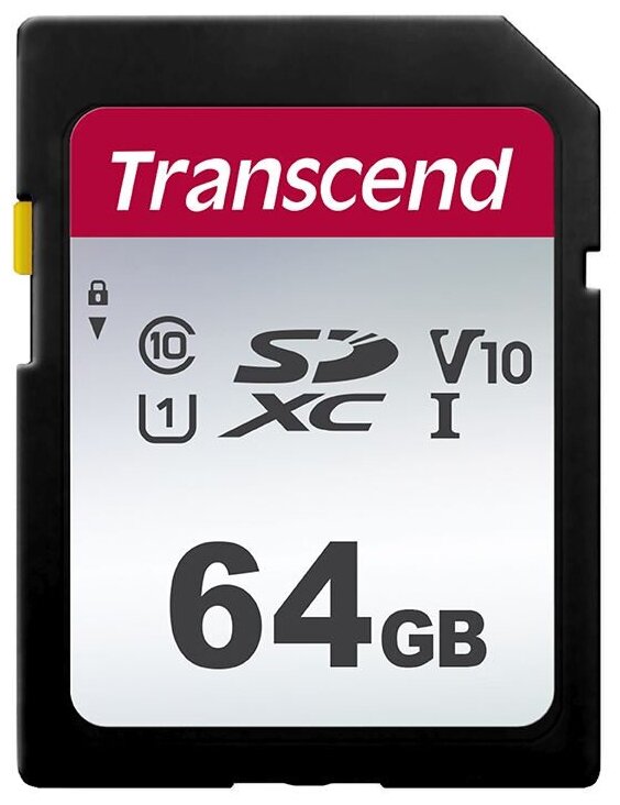 Карта памяти SDXC UHS-I U1 Transcend 300S 64 ГБ, 100 МБ/с, Class 10, TS64GSDC300S, 1 шт, без адаптера