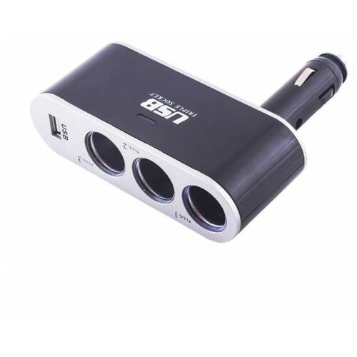 Разветвитель прикуривателя 3 гнезда + USB SKYWAY Черный предохранитель 5А, USB 2A S02301022