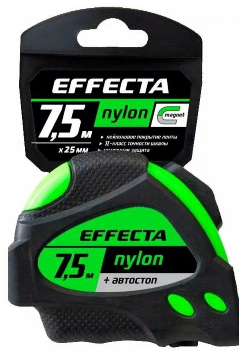 Рулетка Effecta Nylon -75м/25 мм с магнитом автостопом лентой нейлон