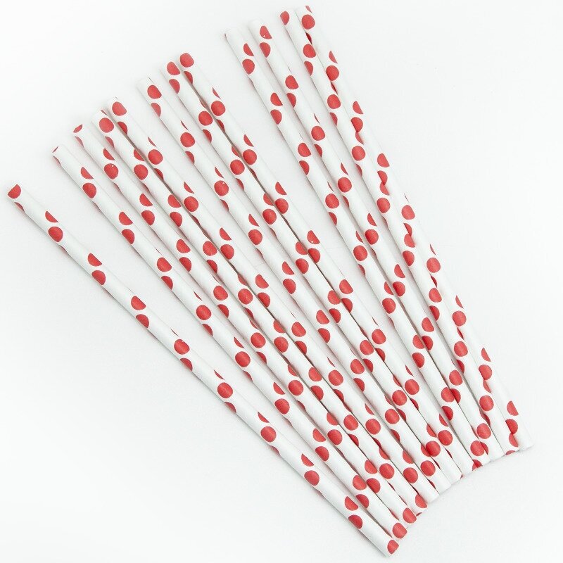 Трубочки бумажные L-20см белые с красными точками d-6мм уп/100шт