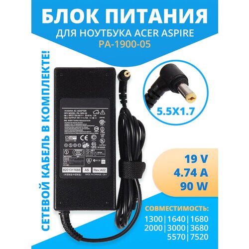 блок питания бп для ноутбука acer aspire 1300 1640 1680 2000 3000 3680 5570 7520 19v 4 74a 90w 5 5x1 7 без сетевого кабеля pa 1900 24 Блок питания (PA-1900-05) ZeepDeep для Acer Aspire 1300, 1640, 1680, 2000, 3000, 3680, 5570, 7520, 19V, 4.74A, 90W, 5.5x1.7 с кабелем