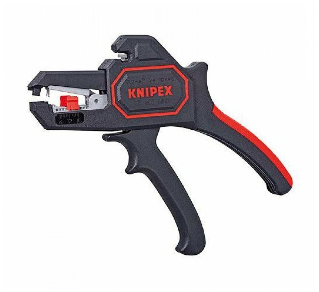 Стриппер автоматический, зачистка KNIPEX KN-1262180: Ø 0.2 - 6 мм (AWG 24 - 10), рез кабеля: 2.5 мм², L-195 мм, рукоятки с зоной мягкого пластика для надёжного хвата