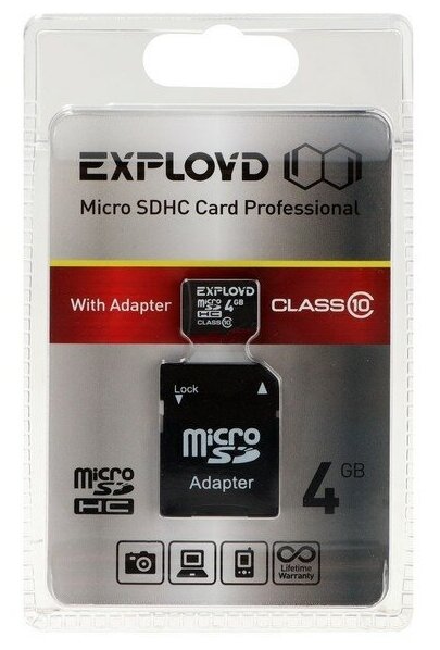Карта памяти Exployd MicroSD, 4 Гб, SDHC, класс 10, с адаптером SD