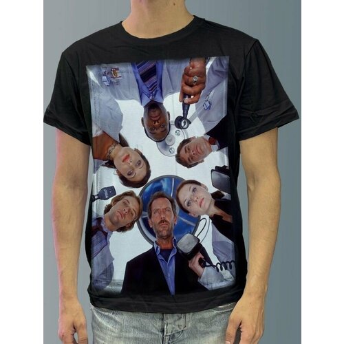 фото Футболка мужская черная из хлопка с dtf рисунком доктор хаус - 3976 будь на стиле