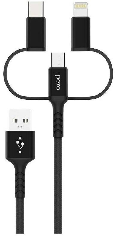 Кабель 3 в 1 Pero Universal USB - Lightning/microUSB/USB Type-C 2 м, для зарядки, черного цвета