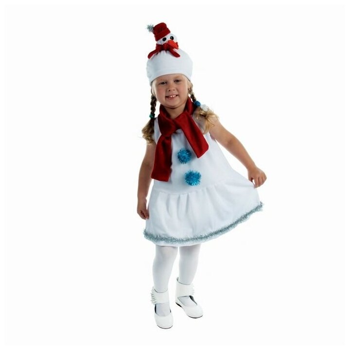 Детский карнавальный костюм "Снеговик с красным шарфом", велюр, рост 68-98 см, цвет белый