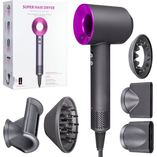 Фен набор для укладки волос Super Hair Dryer 6-in-1, 3 м, Серый с фиолетовым