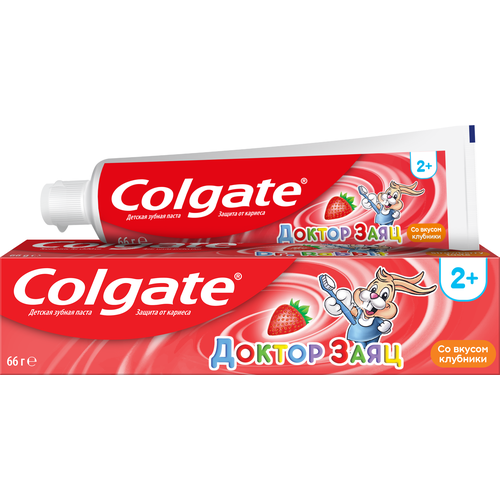 Зубная паста Colgate Доктор Заяц вкус Клубники детская, 50 мл, 83 г, красный