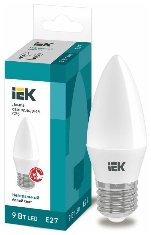 Лампа светодиодная Eco 9Вт C35 свеча 4000К нейтр. бел. E27 230В IEK LLE-C35-9-230-40-E27