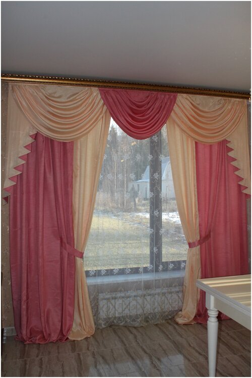 Комплект штор для комнаты Версаль 3 кольца (терракот + беж), портьерный шелк, высота 250 см, на карниз до 3,5 м