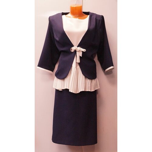 Костюм-тройка, жакет и юбка, классический стиль, полуприлегающий силуэт, размер 50, синий, белый