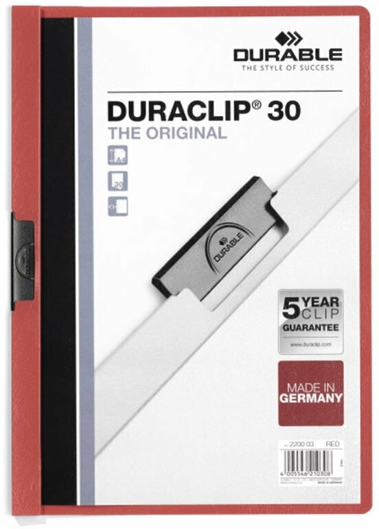 Папка с клипом Durable Duraclip, до 30 листов, А4, ПВХ Красный