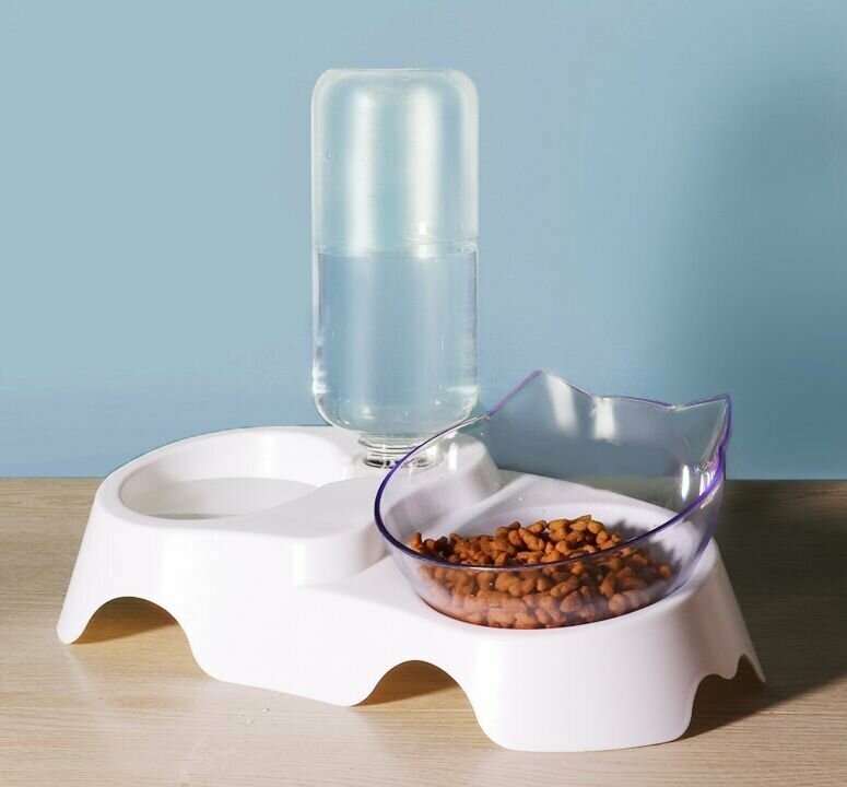 Двойная миска поилка для животных на подставке для воды и корма / Пластиковая миска с чашей под наклоном для кошек и собак/ Автопоилка белая - фотография № 2