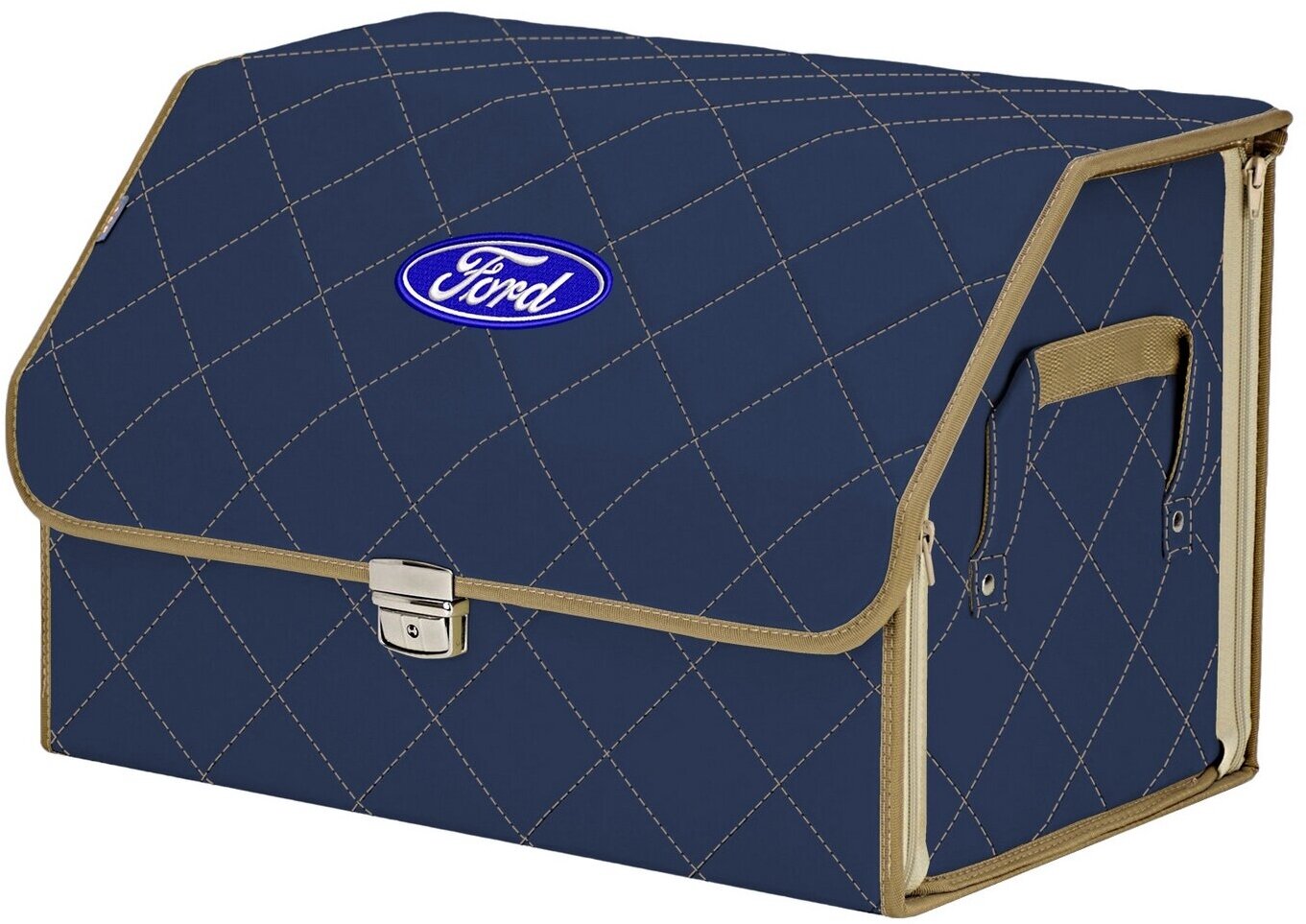 Органайзер-саквояж в багажник "Союз Премиум" (размер L). Цвет: синий с бежевой прострочкой Ромб и вышивкой Ford (Форд).