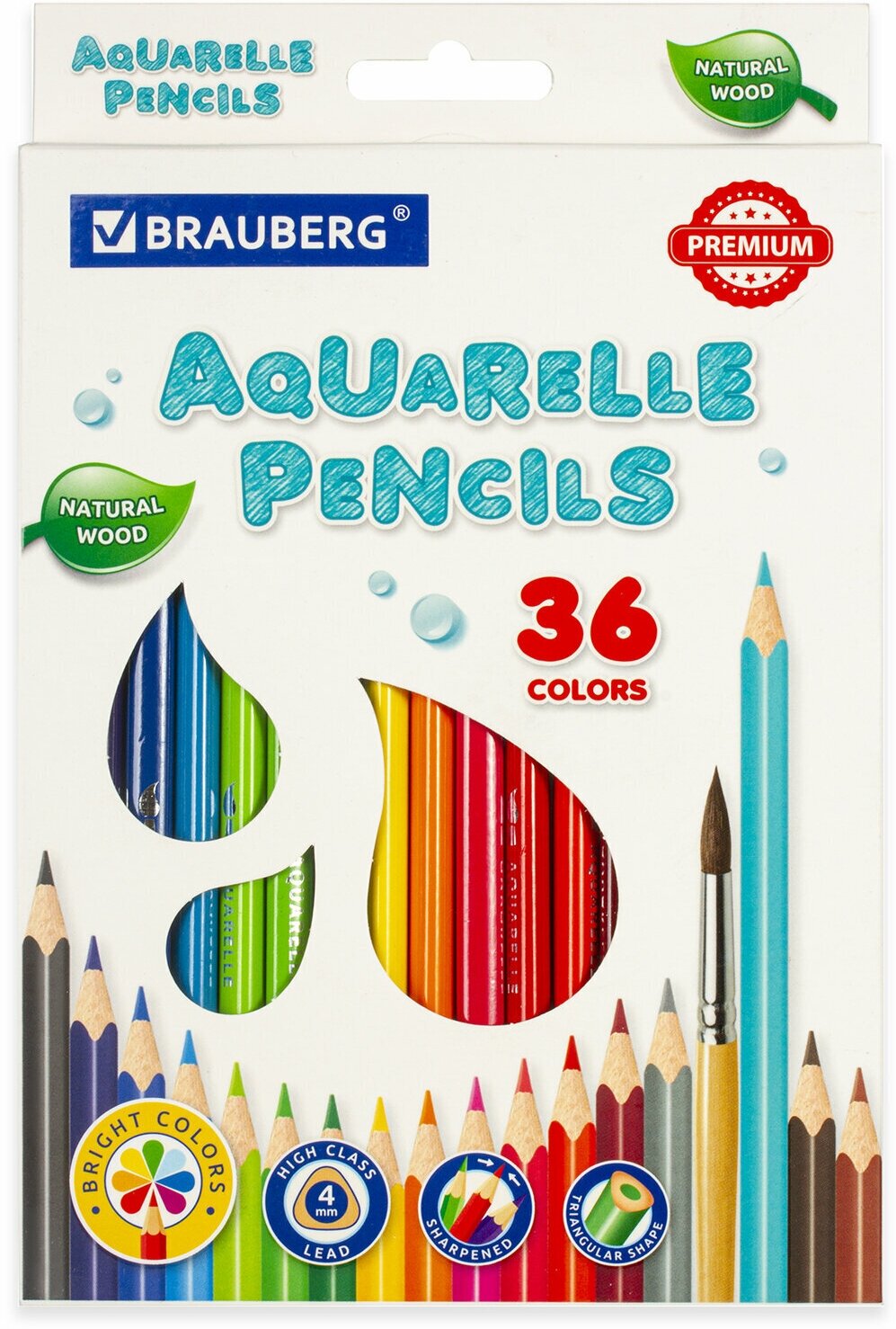 Карандаши цветные акварельные Brauberg Premium Aquarelle, 36 цветов, грифель мягкий 4 мм, 181674