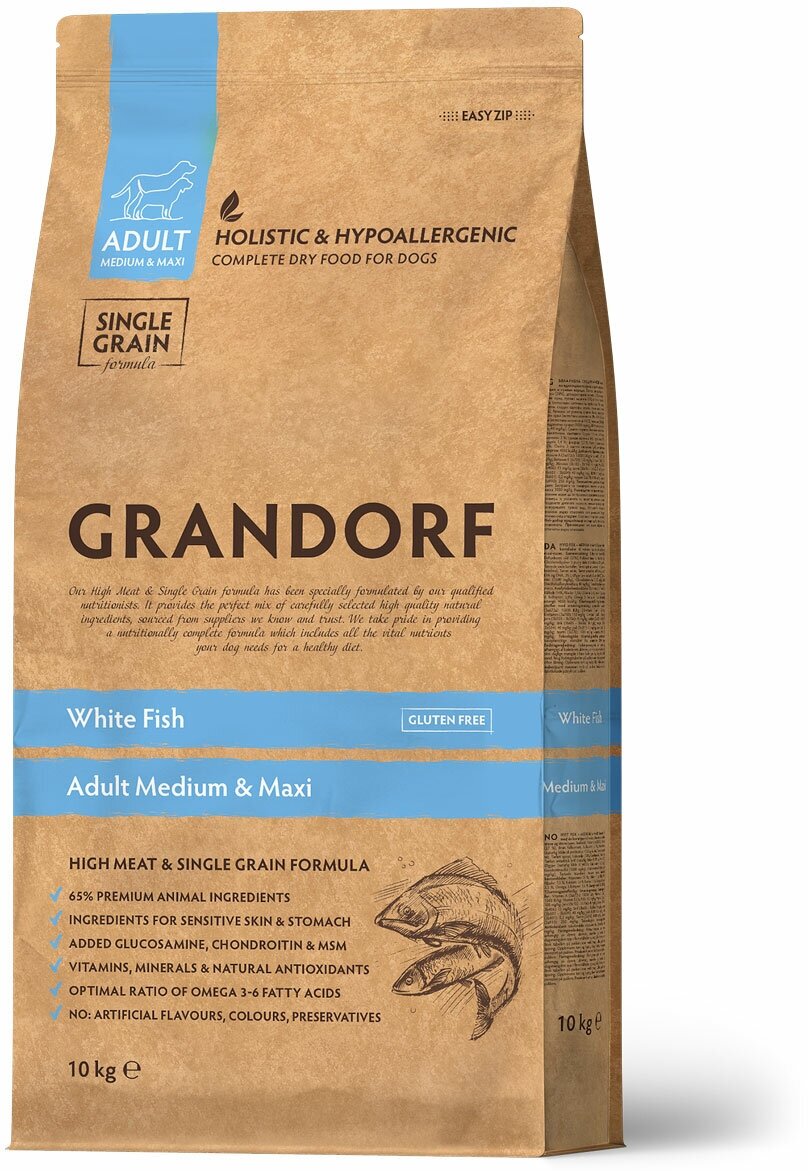 Grandorf Dog Med&Max White Fish Сухой корм для собак средних и крупных пород, Белая рыба 10кг