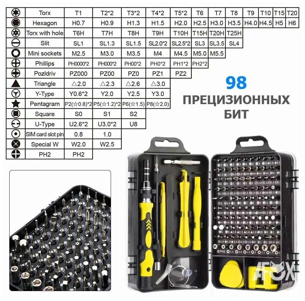 Набор отверток и бит 115 в 1 в кейсе / многофункциональный универсальный набор отверток для точных работ с гибких удлинителем, желтый - фотография № 2