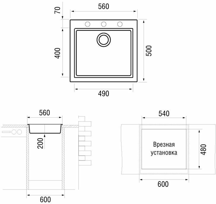 Врезная кухонная мойка 50 см, Longran Cube CUG 560.500, onyx/10 - фотография № 2