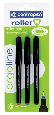 Набор ручек Ручки-роллеры 3 цвета CENTROPEN, корпус черный, узел 0,7 мм, линия письма 0,6 мм, 4665/3, 3 4665 0302