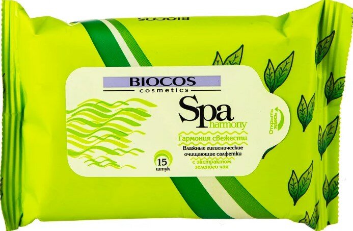 Влажные салфетки BioCos spa Harmony, зеленый чай, 15 шт