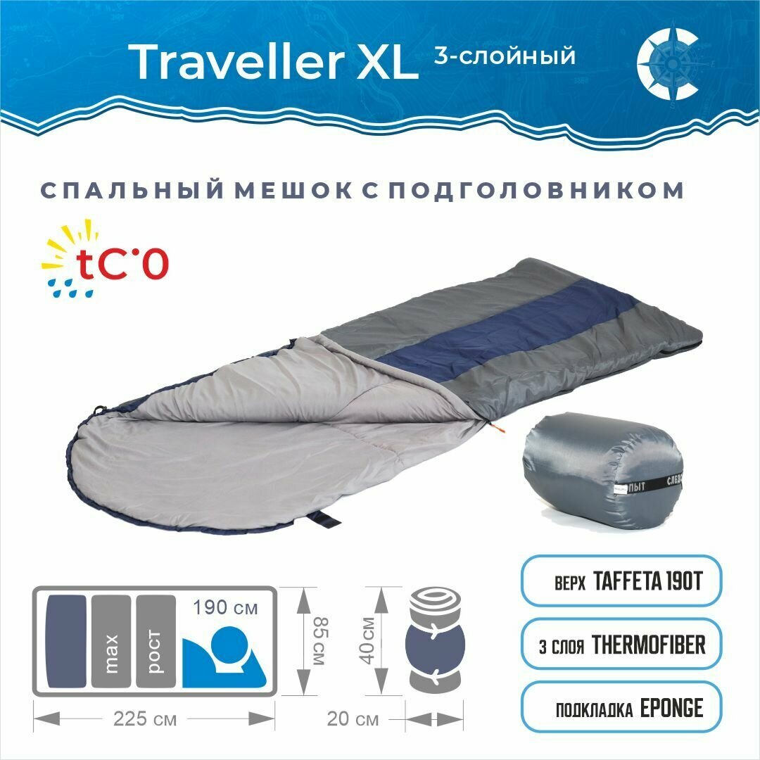 Спальный мешок туристический с подголовником "следопыт- Traveller XL", 190+35х85 см, до 0С, 3х слойн, цв. т-серый / Спальник туристический / Одеяло туристическое