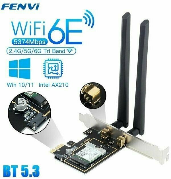 Fenvi PCE-AX210 Wi-Fi 6E Bluetooth 5.3 Беспроводной 5374 Мбит с 2,5 Г 5 ГГц 6 Г Wi-Fi 802 11 AX AC PCI-Express Адаптер сетевой карты ПК INTEL AX210