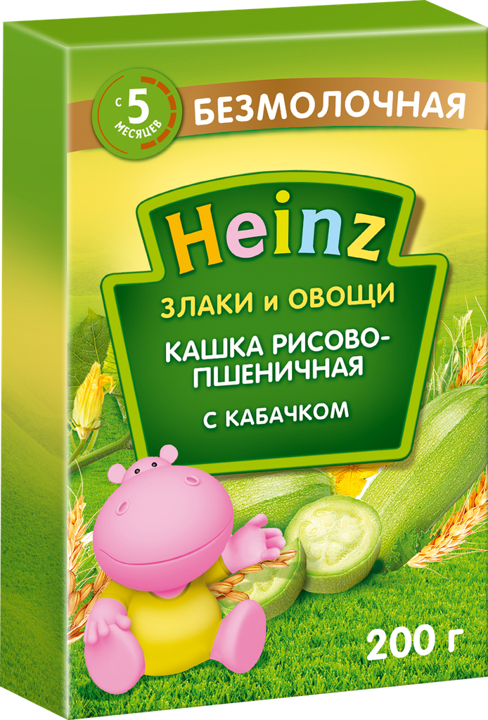 Каша пшенично-рисовый HEINZ Злаки и овощи, безмолочная с кабачком, с 5 месяцев, 200г