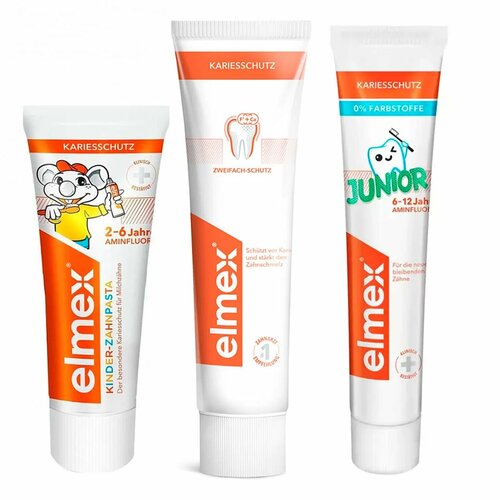 Набор зубных паст Elmex 3 шт. Детские 6-12 и 2-6 лет и взрослая защита от кариеса зубная паста colgate elmex elmex kids от 2 до 6 лет