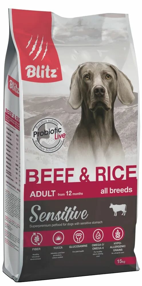 Сухой корм BLITZ Sensitive ADULT BEEF & RICE Говядина с Рисом для взрослых собак всех пород 15 кг