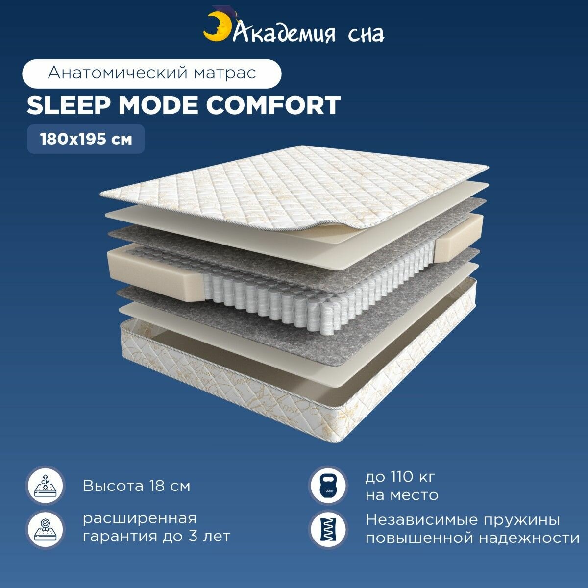 Матрас анатомический Академия Сна Sleep Mode Comfort, Независимые пружины 180x195 см