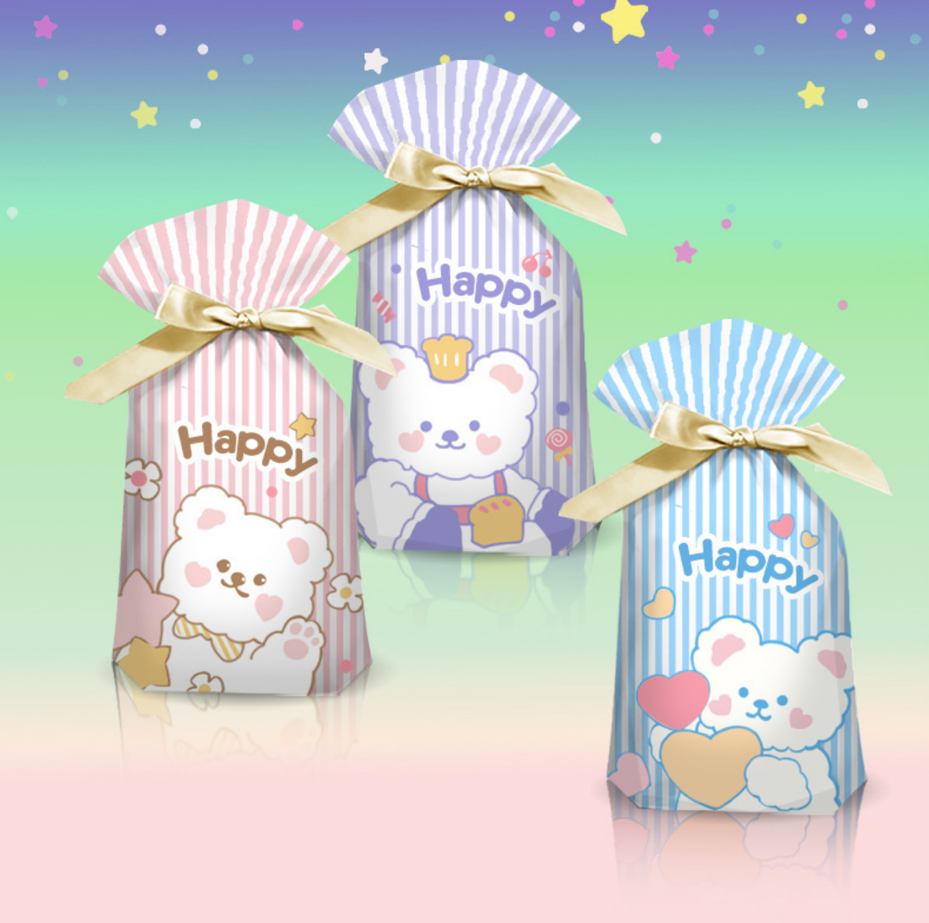 Мешочек для подарка, упаковка для подарка, подарочный пакет, 10 штук , 23×15, с медведем