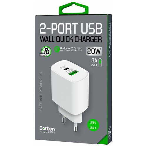 фото Сетевое зарядное usb устройство dorten 2-port usb 20w wall quick charger pd3.0+qc3.0 белый