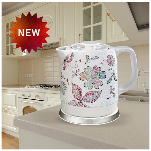 Электрический чайник домашний чайник с рисунком керамический объем 15 л защита от перегрева для дома офиса белый с цветами 398800₽
