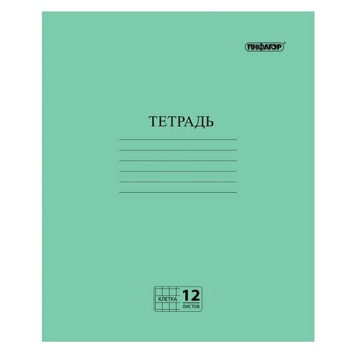 Тетрадь школьная 12л, А5 Пифагор (клетка с полями, обложка зеленая) 400шт. (104984)