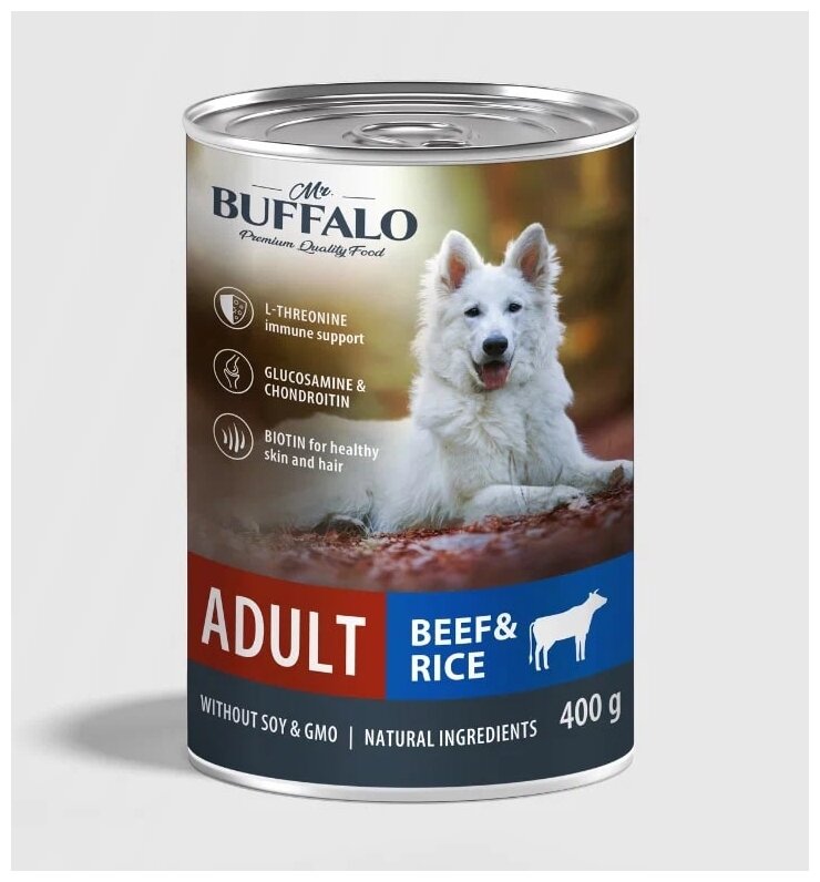 Баффало Mr.Buffalo Adult Dog 9 шт по 400г говядина и рис консервы для собак