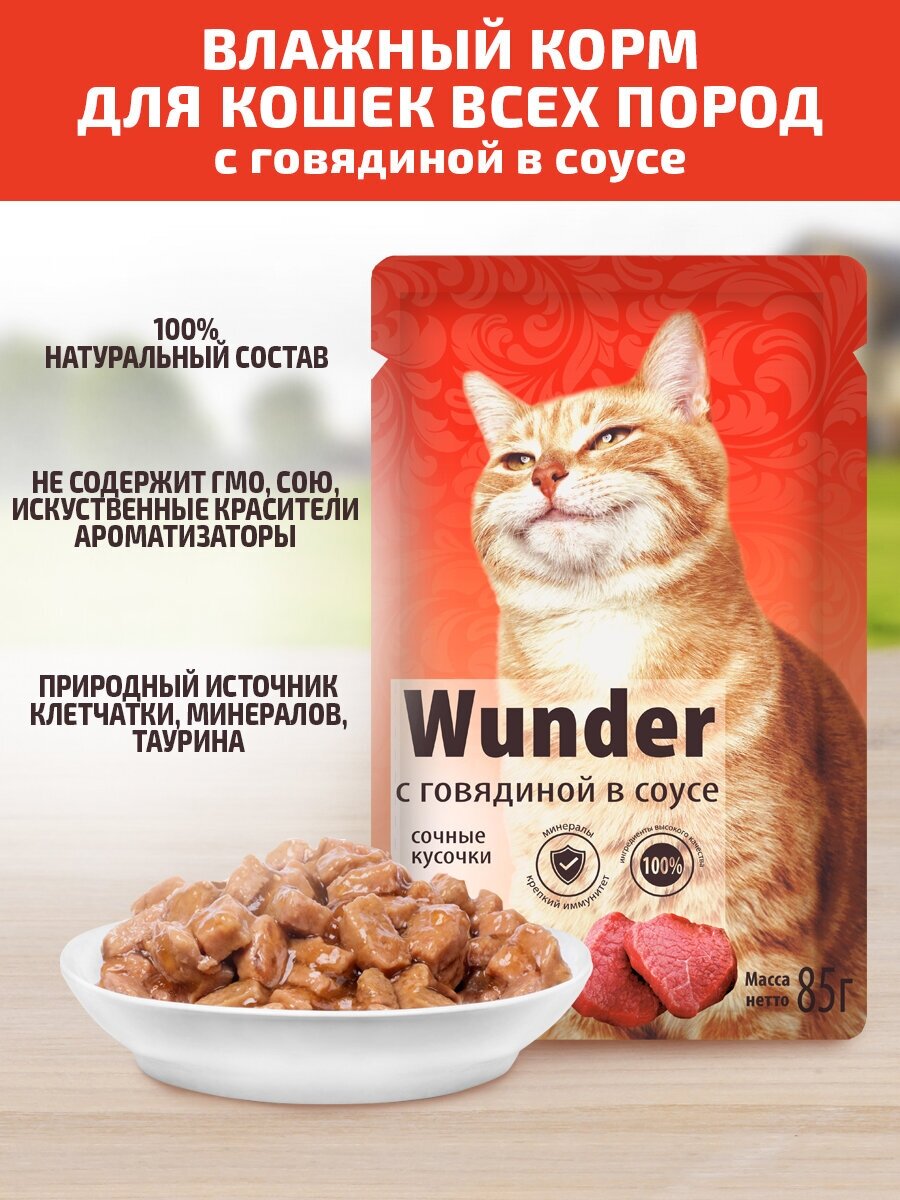 Влажный корм для кошек "Wunder"с говядиной в соусе, 1 уп/24 пауча по 85 гр - фотография № 2