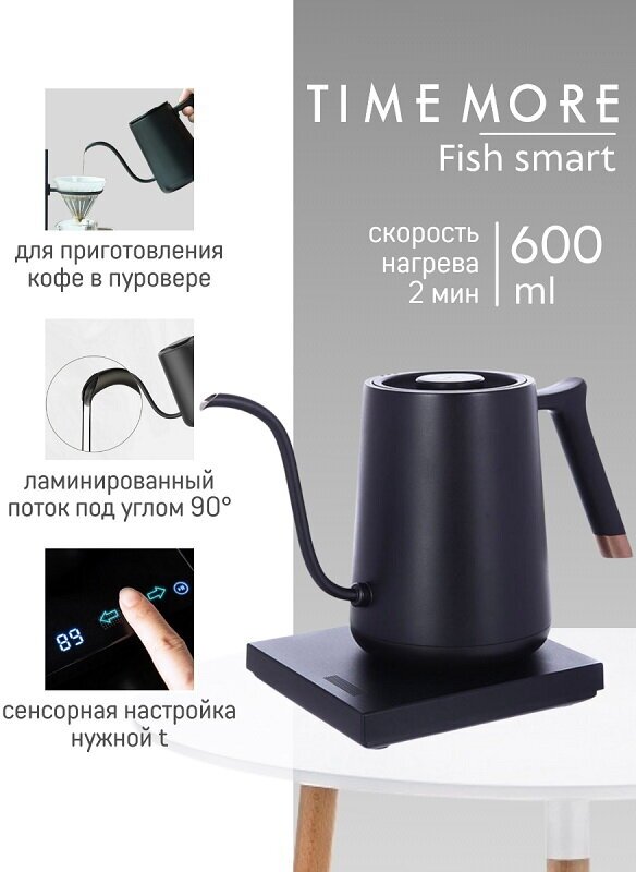 Чайник электрический Timemore Fish Smart, черный, 600 мл.