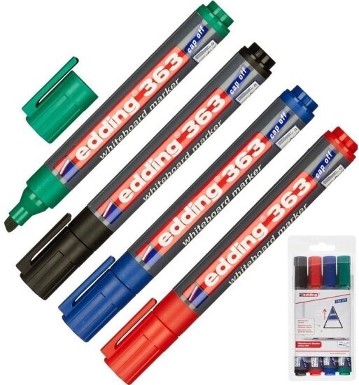 Набор маркеров для досок Edding 363/4S, 4 цвета, скошенный наконечник 1-5 мм, cap-off