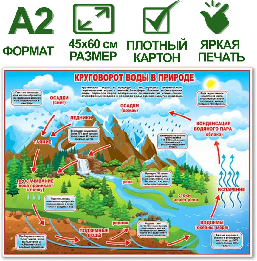 Обучающий плакат "Круговорот воды в природе", формат А2, 45х60 см, картон