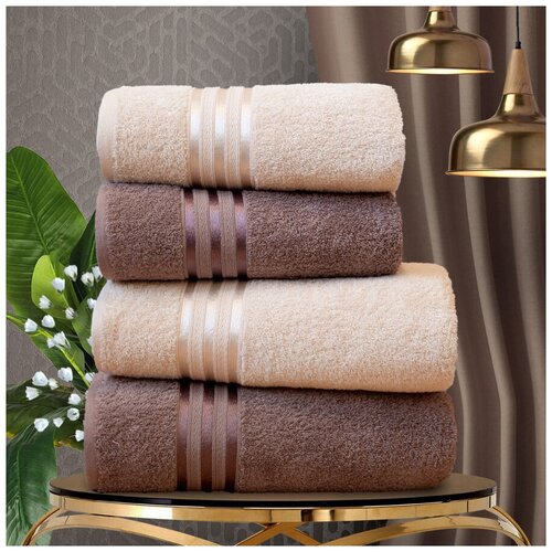 фото Набор из 4 полотенец harmonika цвет: светло-бежевый, коричневый (50х80 см - 2 шт, 70х130 см - 2 шт) dome