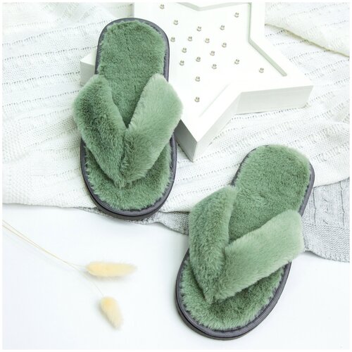 фото Тапочки женские мех сланцы amaro home открытый нос (изумрудный) 36-38