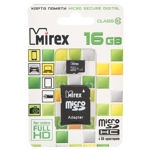 Карта памяти 16Gb - Mirex - Micro Secure Digital HC Class 10 13613-AD10SD16 с переходником под SD (Оригинальная!) память micro secure digital card 128gb class10 goodram с адаптером sd [m1aa 1280r11 12 ]