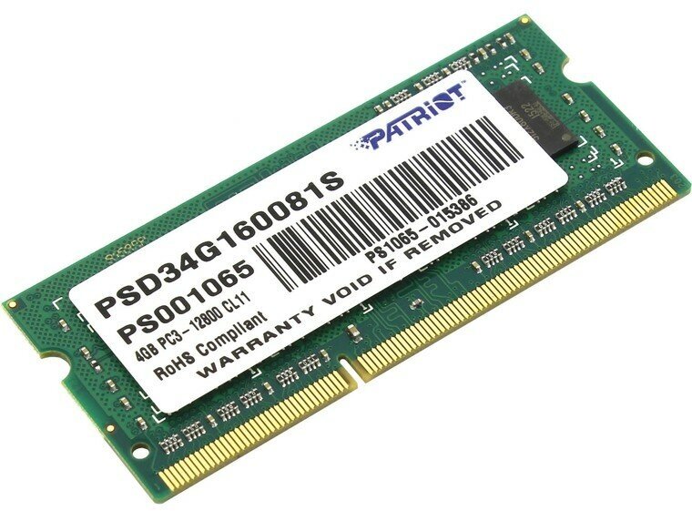 Память SODIMM DDR3 PC3-12800 Patriot PSD34G160081S, 4Гб, 1.5 В