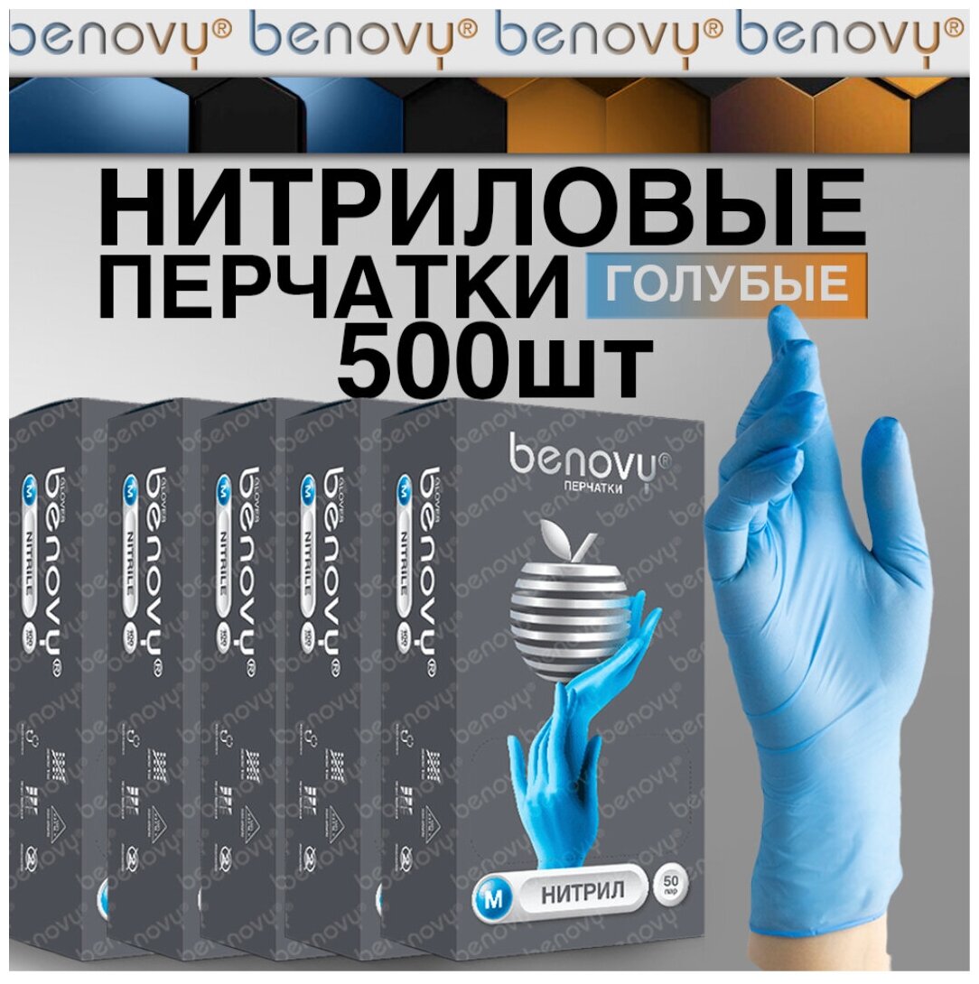 Перчатки нитриловые одноразовые 500шт (250 пар) Benovy голубые, размер XS, 5 уп по 50 пар