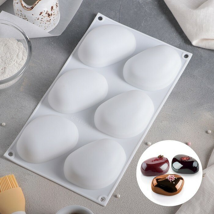Доляна Форма для муссовых десертов и выпечки Доляна «Стоун», силикон, 30×18×3 см, 6 ячеек (9,5×7 см), цвет белый