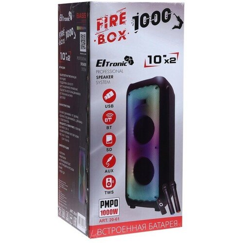 Портативная караоке система Eltronic Fire Box 1000, 100 Вт, AUX, USB, BT, 7000 мАч, чёрная 9608625